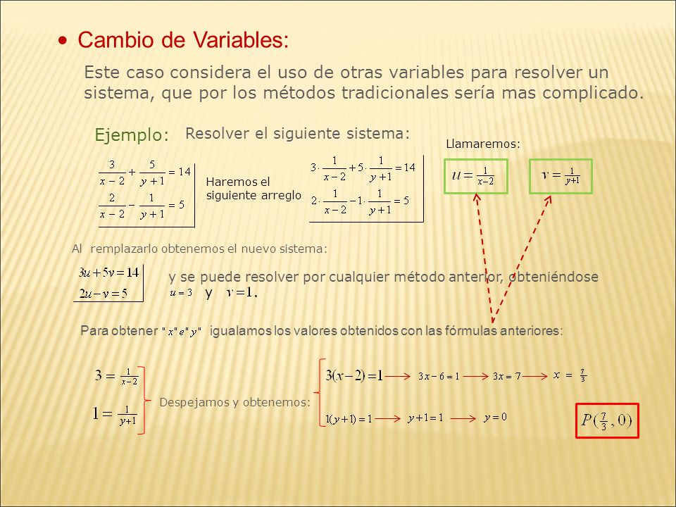 Cambio de Variables: Este caso considera el uso de otras variables para resolver un sistema, que por los métodos tradicionales sería mas complicado.
