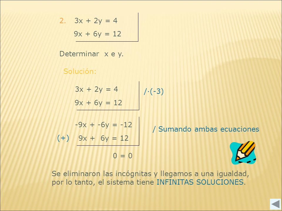 2. 3x + 2y = 4. 9x + 6y = 12. Determinar x e y. Solución: 3x + 2y = 4. 9x + 6y = 12. /·(-3) -9x + -6y = -12.