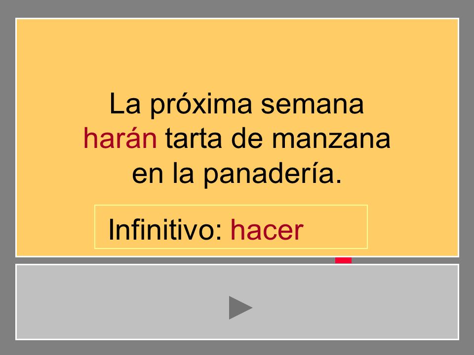 La próxima semana harán tarta de manzana en la panadería. Infinitivo: hacer