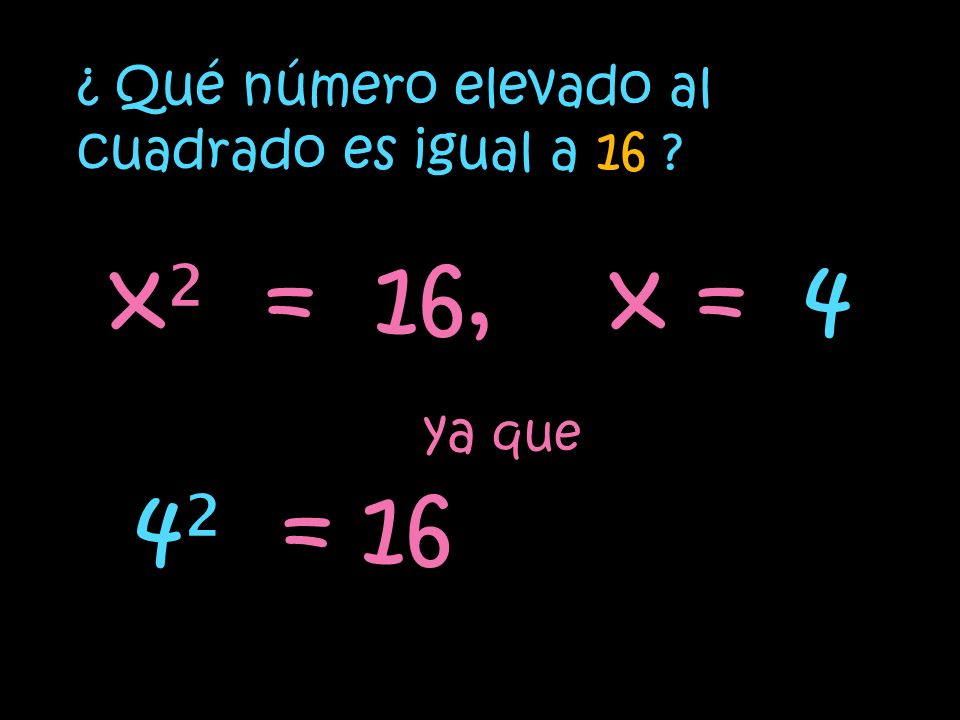 ya que 4² = 16 ¿ Qué número elevado al cuadrado es igual a 16