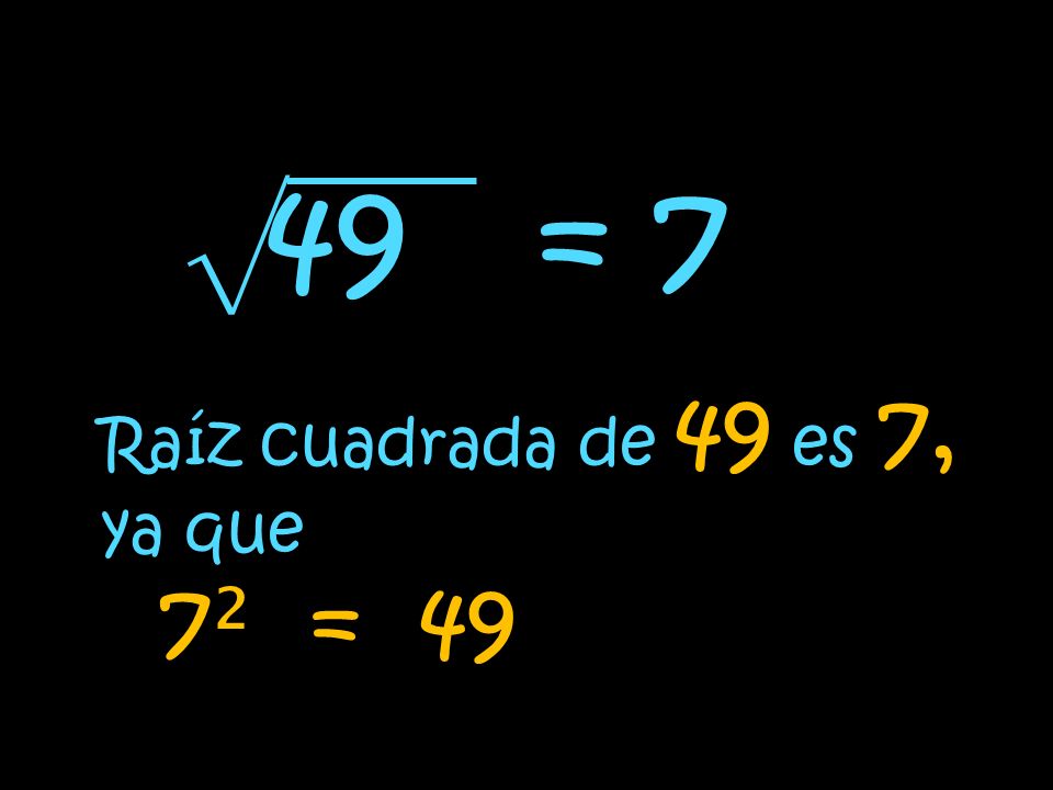 49 = 7 Raíz cuadrada de 49 es 7, ya que 7² = 49 √