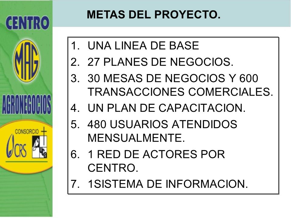 METAS DEL PROYECTO. UNA LINEA DE BASE. 27 PLANES DE NEGOCIOS. 30 MESAS DE NEGOCIOS Y 600 TRANSACCIONES COMERCIALES.