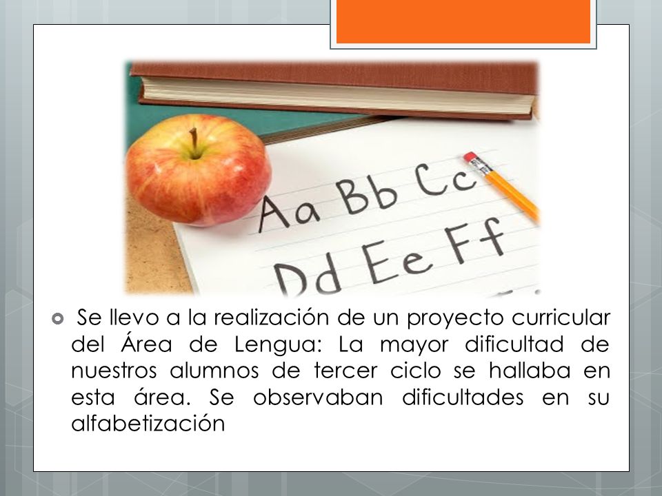 Se llevo a la realización de un proyecto curricular del Área de Lengua: La mayor dificultad de nuestros alumnos de tercer ciclo se hallaba en esta área.