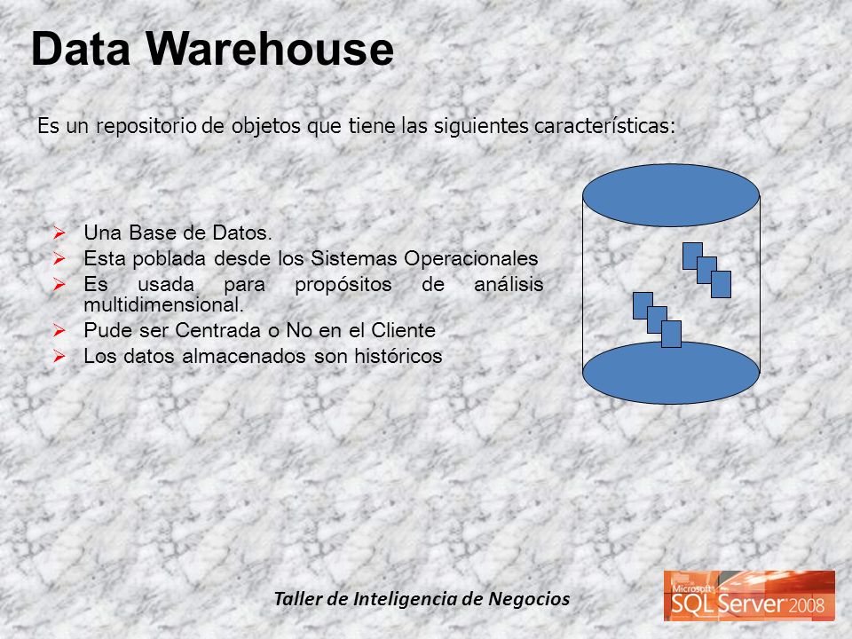 Data Warehouse Es un repositorio de objetos que tiene las siguientes características: Una Base de Datos.