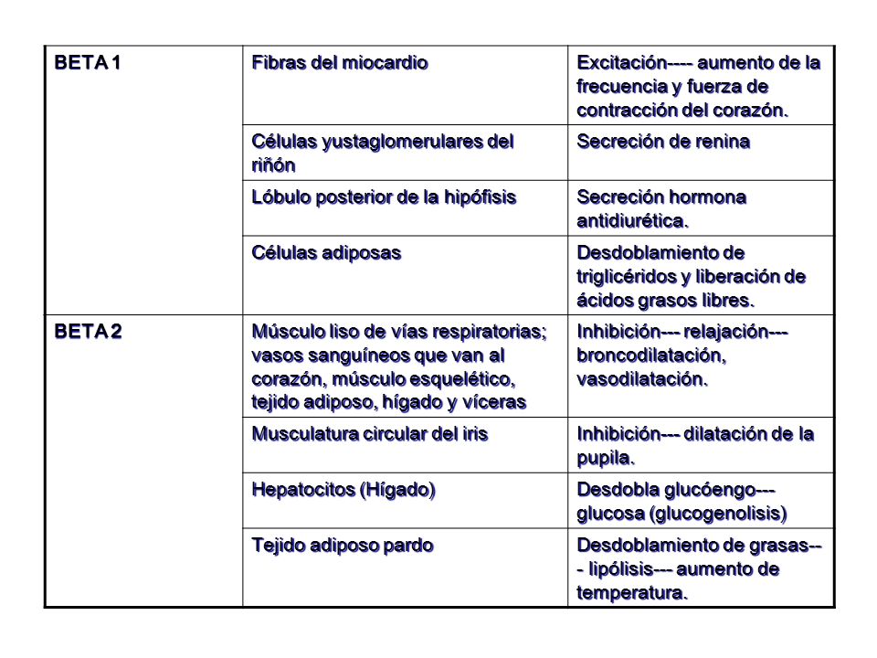 BETA 1 Fibras del miocardio. Excitación---- aumento de la frecuencia y fuerza de contracción del corazón.