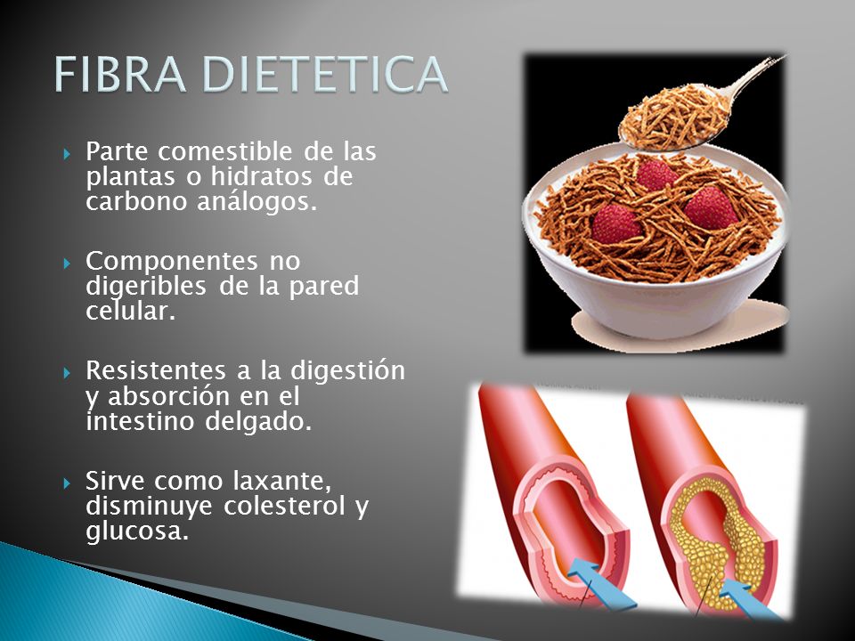 FIBRA DIETETICA Parte comestible de las plantas o hidratos de carbono análogos. Componentes no digeribles de la pared celular.