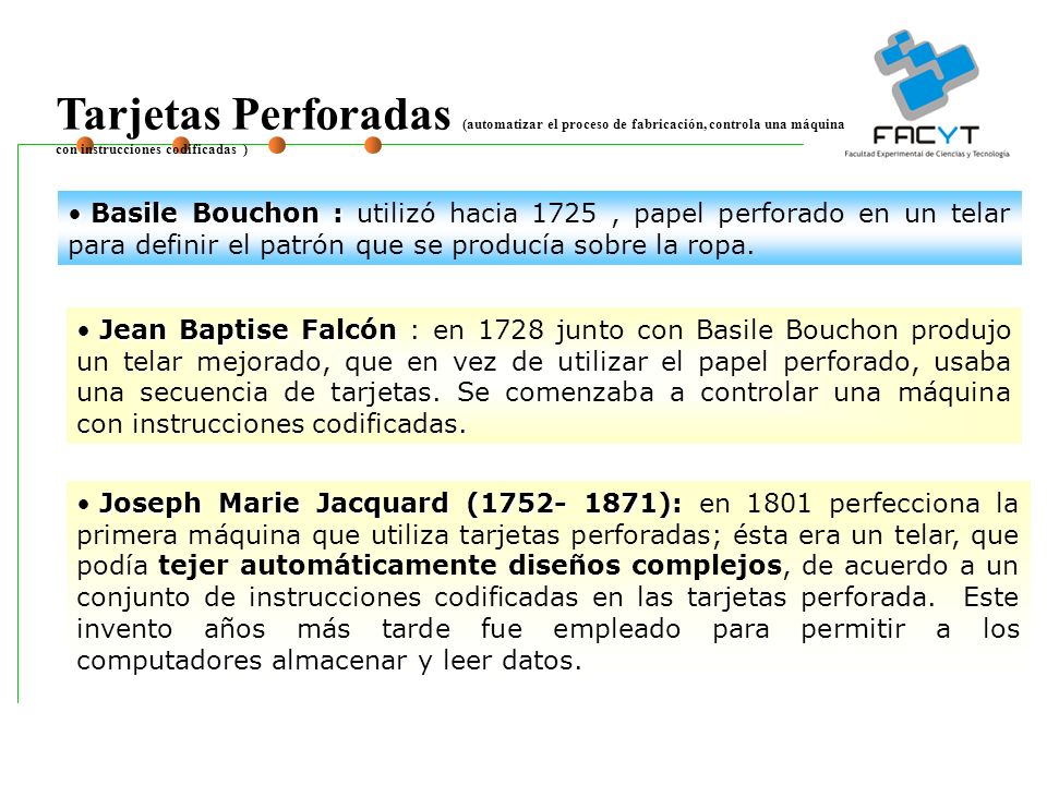 Tarjetas Perforadas (automatizar el proceso de fabricación, controla una máquina con instrucciones codificadas )