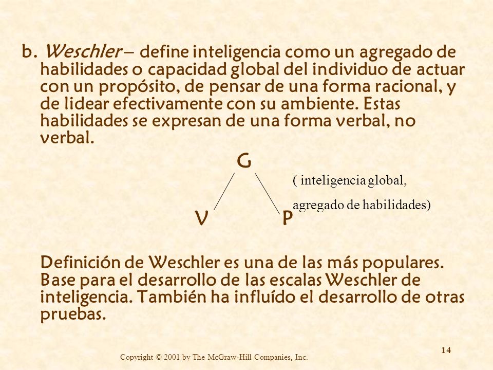 b. Weschler – define inteligencia como un agregado de habilidades o capacidad global del individuo de actuar con un propósito, de pensar de una forma racional, y de lidear efectivamente con su ambiente. Estas habilidades se expresan de una forma verbal, no verbal.