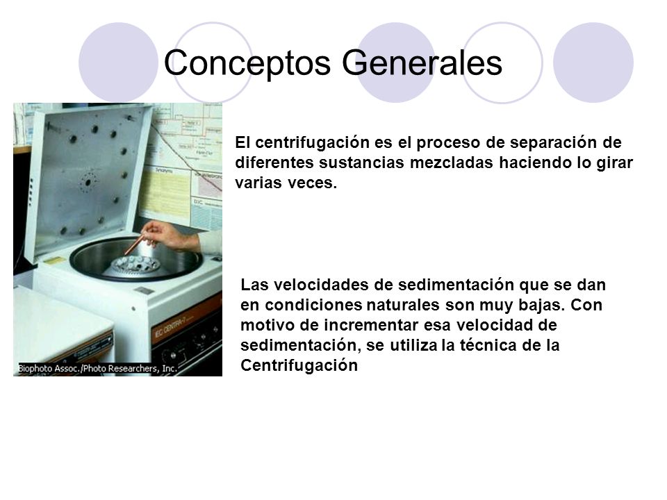 Conceptos Generales El centrifugación es el proceso de separación de diferentes sustancias mezcladas haciendo lo girar varias veces.