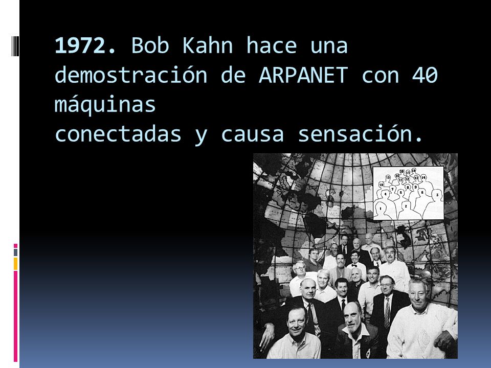 1972. Bob Kahn hace una demostración de ARPANET con 40 máquinas conectadas y causa sensación.