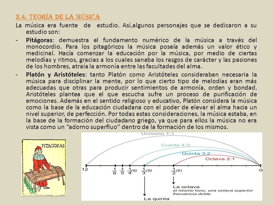 2.4. teoría de la música La música era fuente de estudio. Así,algunos personajes que se dedicaron a su estudio son: