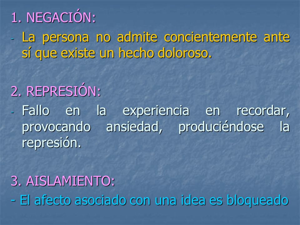 1. NEGACIÓN: La persona no admite concientemente ante sí que existe un hecho doloroso. 2. REPRESIÓN: