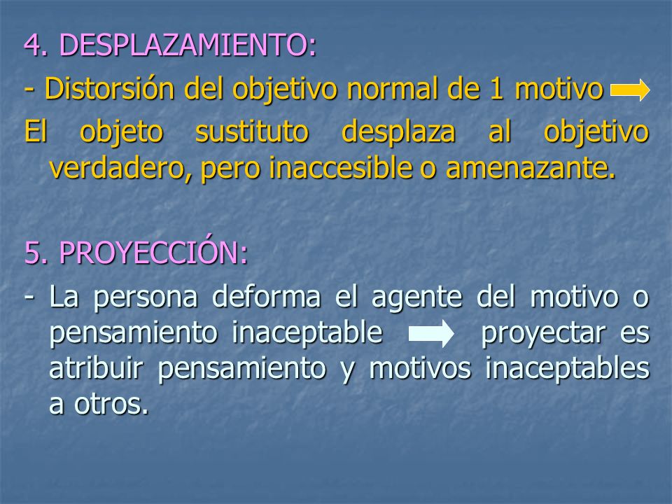 4. DESPLAZAMIENTO: - Distorsión del objetivo normal de 1 motivo. El objeto sustituto desplaza al objetivo verdadero, pero inaccesible o amenazante.
