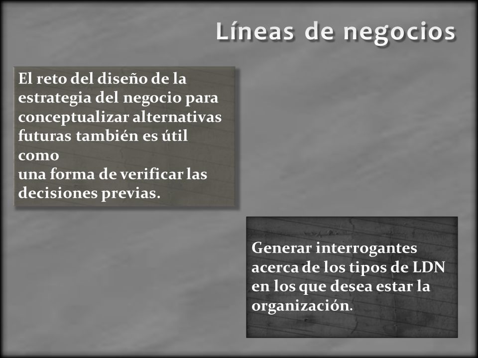 Líneas de negocios El reto del diseño de la estrategia del negocio para conceptualizar alternativas futuras también es útil como.