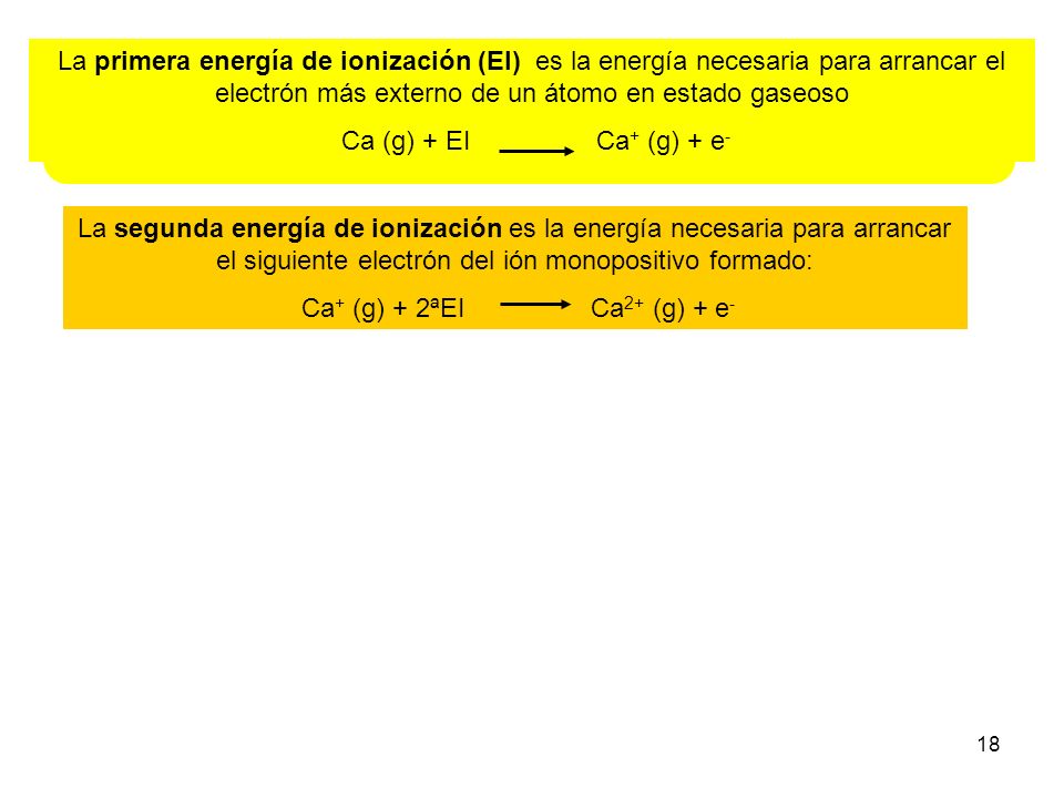 La primera energía de ionización (EI) es la energía necesaria para arrancar el electrón más externo de un átomo en estado gaseoso