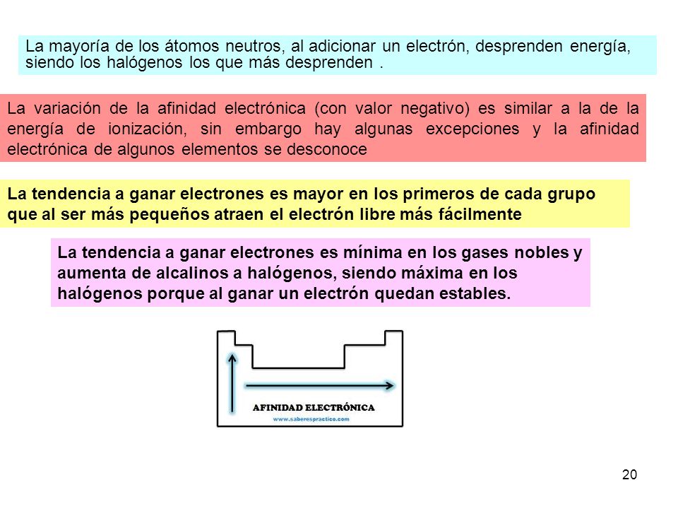 La mayoría de los átomos neutros, al adicionar un electrón, desprenden energía, siendo los halógenos los que más desprenden .