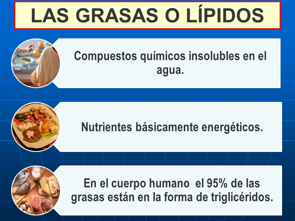 LAS GRASAS O LÍPIDOS Compuestos químicos insolubles en el agua.