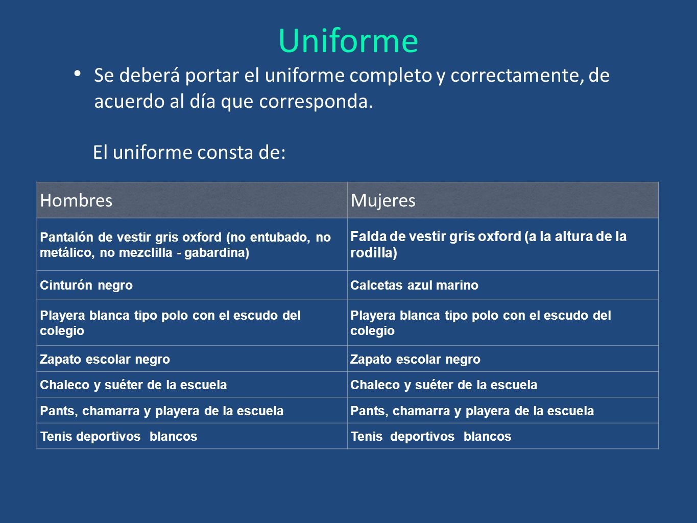 Uniforme Se deberá portar el uniforme completo y correctamente, de acuerdo al día que corresponda. El uniforme consta de: