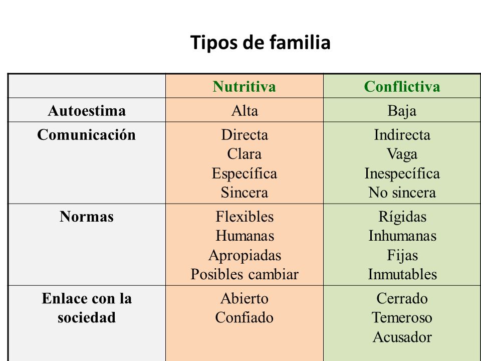 Tipos de familia Nutritiva Conflictiva Autoestima Alta Baja