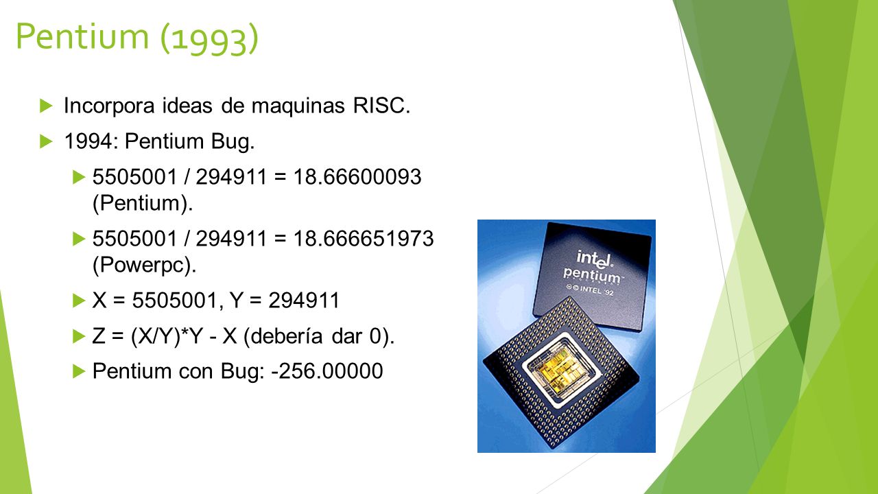 Pentium (1993) Incorpora ideas de maquinas RISC. 1994: Pentium Bug.