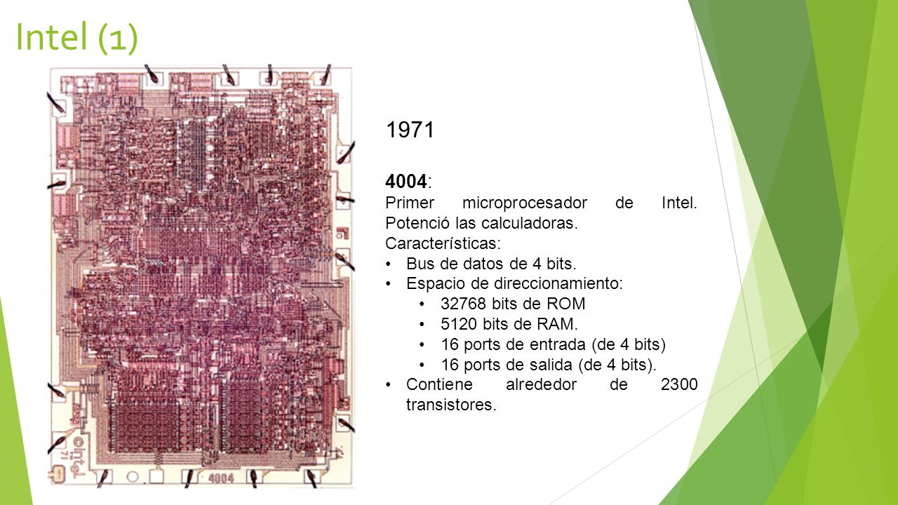Intel (1) : Primer microprocesador de Intel. Potenció las calculadoras. Características: