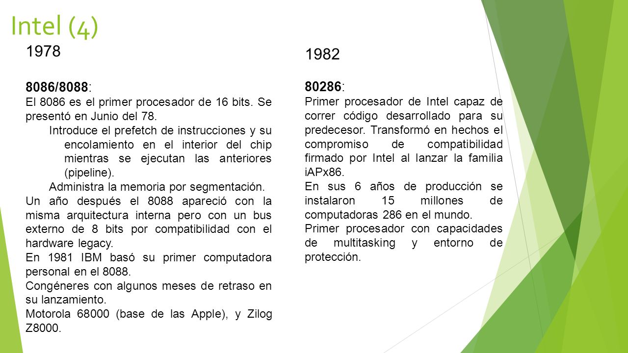 Intel (4) /8088: El 8086 es el primer procesador de 16 bits. Se presentó en Junio del 78.