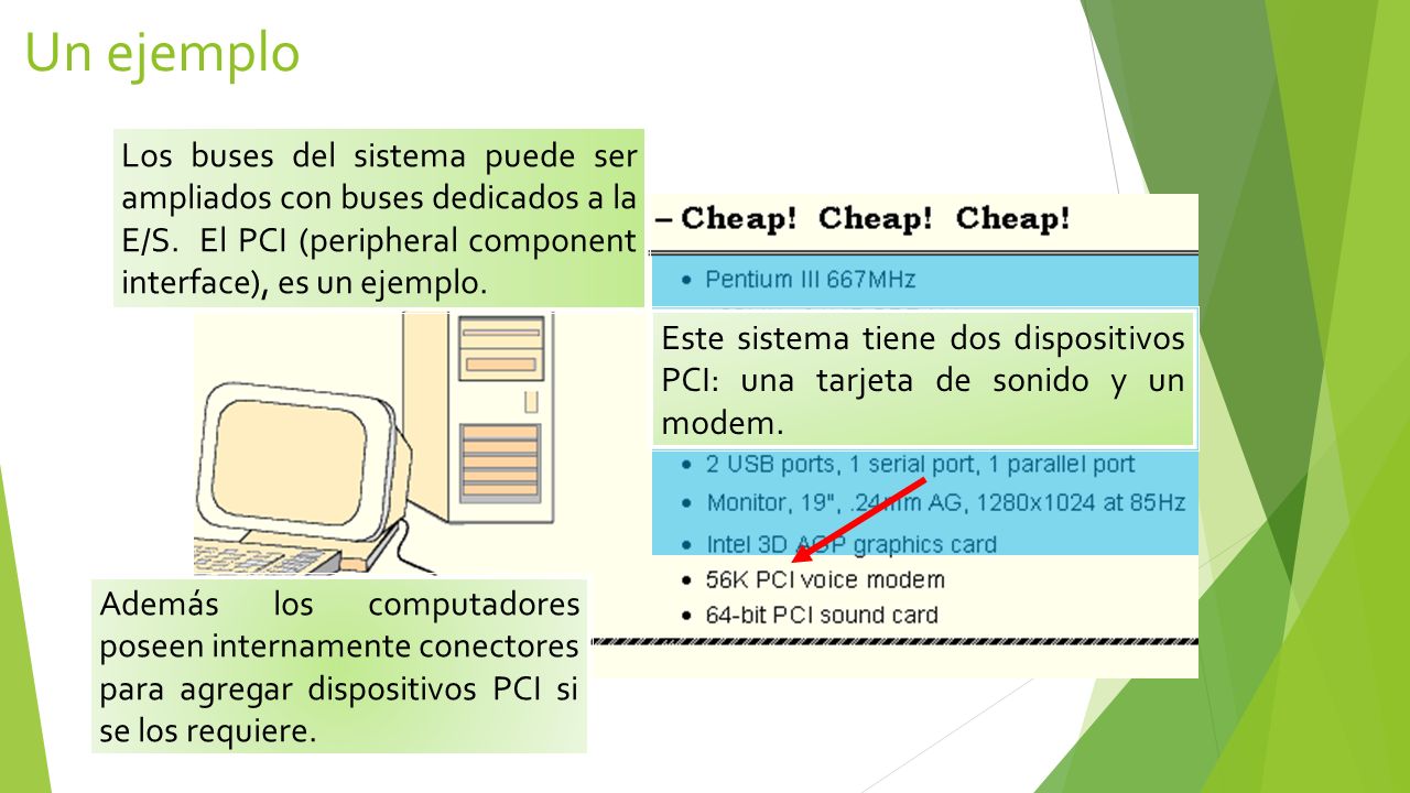 Un ejemplo Los buses del sistema puede ser ampliados con buses dedicados a la E/S. El PCI (peripheral component interface), es un ejemplo.