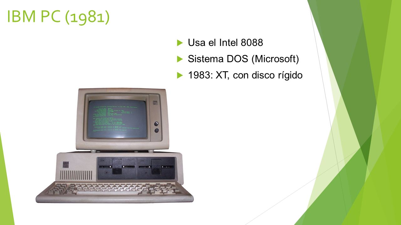 IBM PC (1981) Usa el Intel 8088 Sistema DOS (Microsoft)