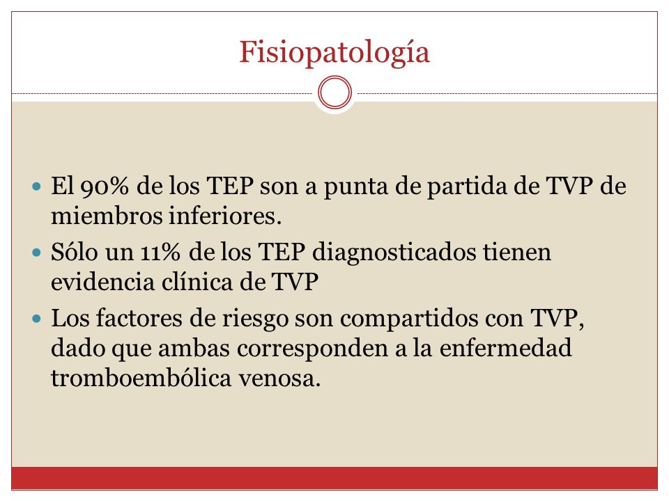 Fisiopatología El 90% de los TEP son a punta de partida de TVP de miembros inferiores.