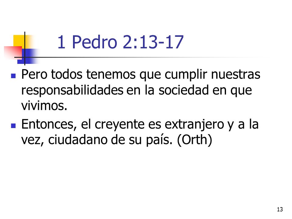 1 Pedro 2:13-17 Pero todos tenemos que cumplir nuestras responsabilidades en la sociedad en que vivimos.