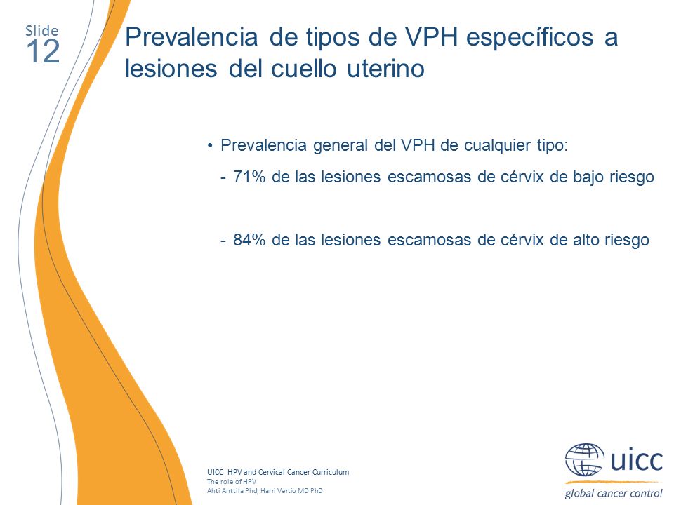 Slide Prevalencia de tipos de VPH específicos a lesiones del cuello uterino. 12. Prevalencia general del VPH de cualquier tipo: