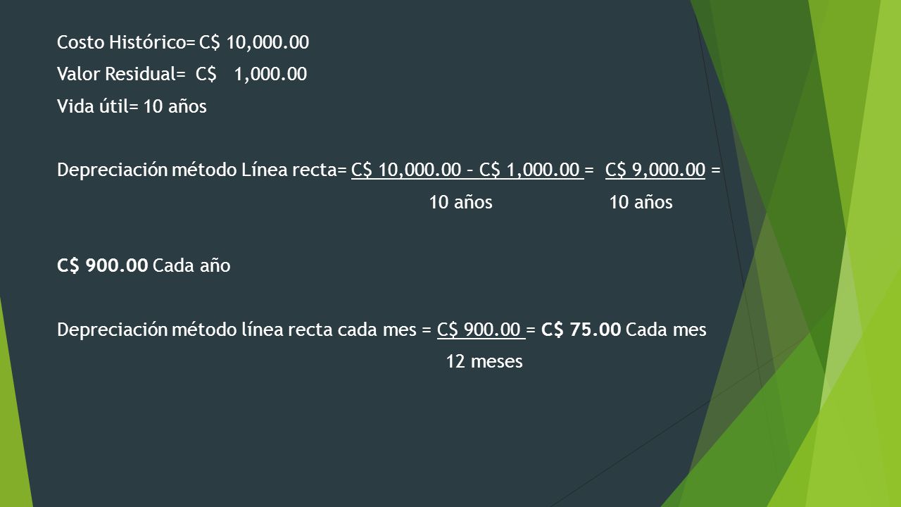 Costo Histórico= C$ 10, Valor Residual= C$ 1, Vida útil= 10 años.