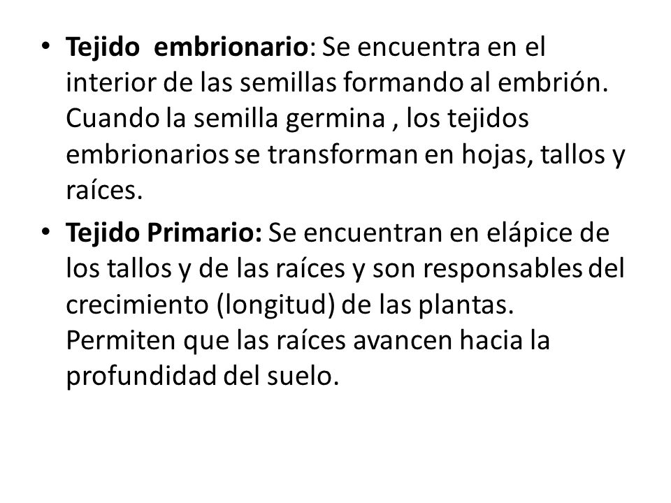 Tejido embrionario: Se encuentra en el interior de las semillas formando al embrión. Cuando la semilla germina , los tejidos embrionarios se transforman en hojas, tallos y raíces.