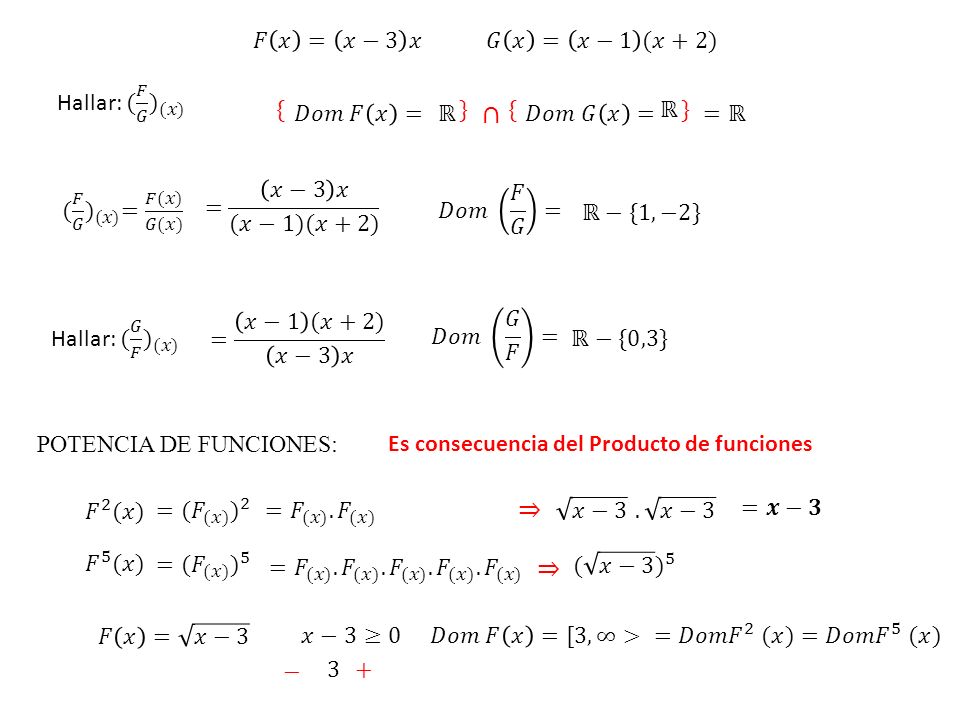 ∩ ⇒ ⇒ 𝐹 𝑥 = 𝑥−3 𝑥 𝐺 𝑥 = 𝑥−1 (𝑥+2) Hallar: ( 𝐹 𝐺 ) (𝑥) { 𝐷𝑜𝑚 𝐹 𝑥 = ℝ }