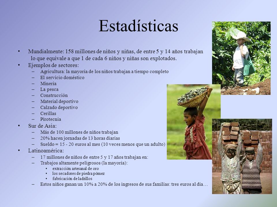 Estadísticas Mundialmente: 158 millones de niños y niñas, de entre 5 y 14 años trabajan.