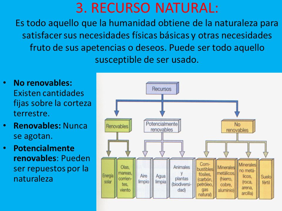 3. RECURSO NATURAL: Es todo aquello que la humanidad obtiene de la naturaleza para satisfacer sus necesidades físicas básicas y otras necesidades fruto de sus apetencias o deseos. Puede ser todo aquello susceptible de ser usado.