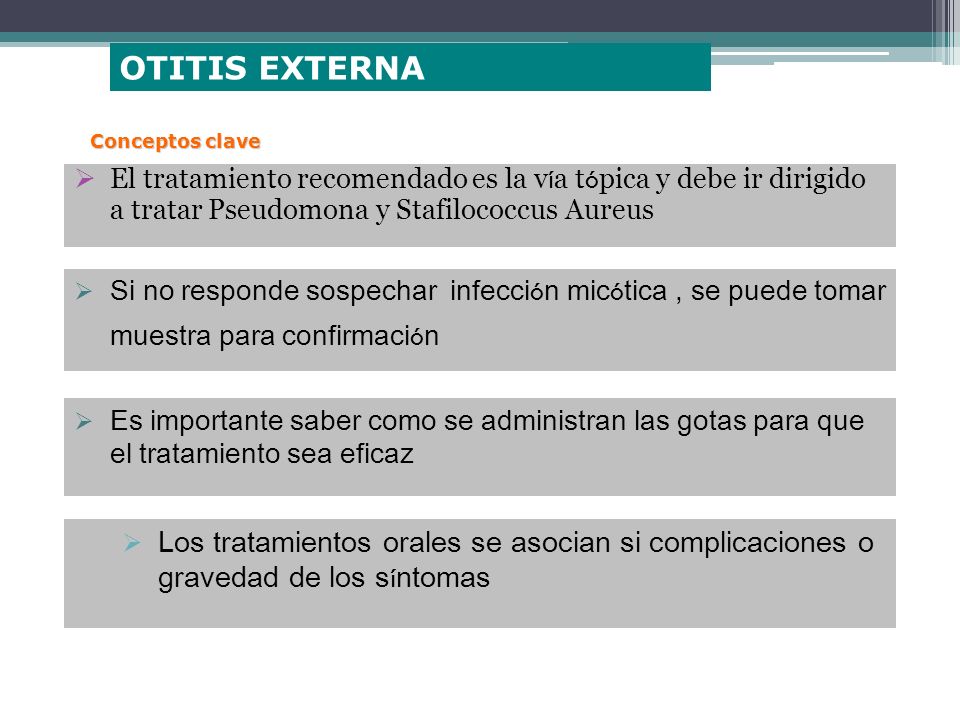 OTITIS EXTERNA Conceptos clave. El tratamiento recomendado es la vía tópica y debe ir dirigido a tratar Pseudomona y Stafilococcus Aureus.