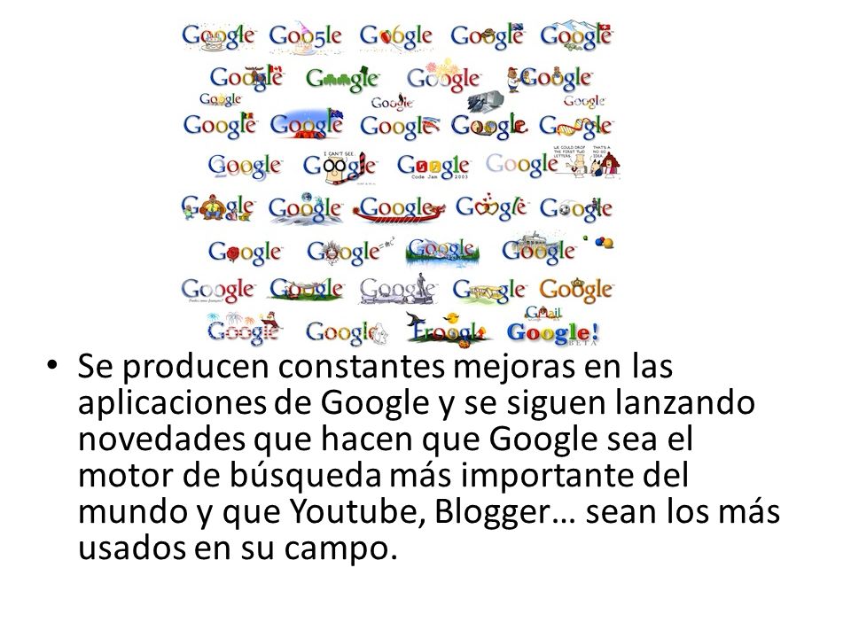 Se producen constantes mejoras en las aplicaciones de Google y se siguen lanzando novedades que hacen que Google sea el motor de búsqueda más importante del mundo y que Youtube, Blogger… sean los más usados en su campo.