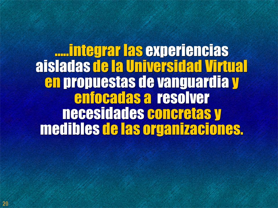 …..integrar las experiencias aisladas de la Universidad Virtual en propuestas de vanguardia y enfocadas a resolver necesidades concretas y medibles de las organizaciones.