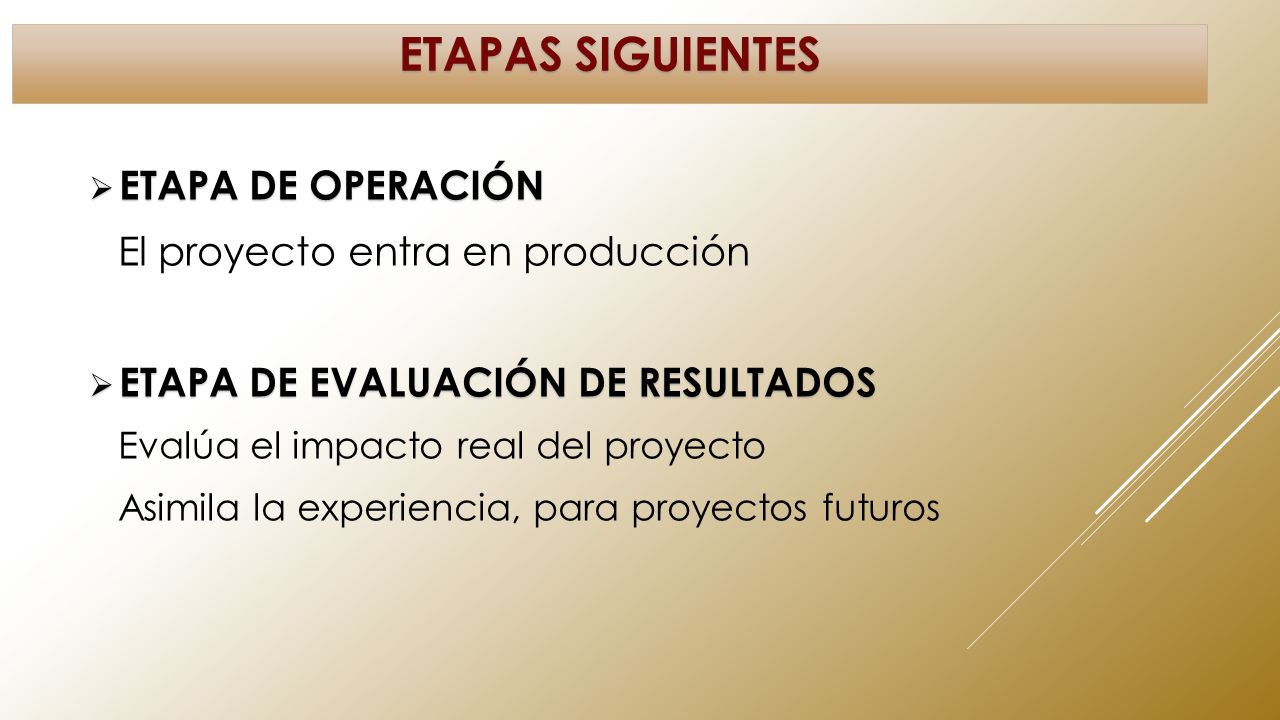 ETAPAS SIGUIENTES ETAPA DE OPERACIÓN El proyecto entra en producción