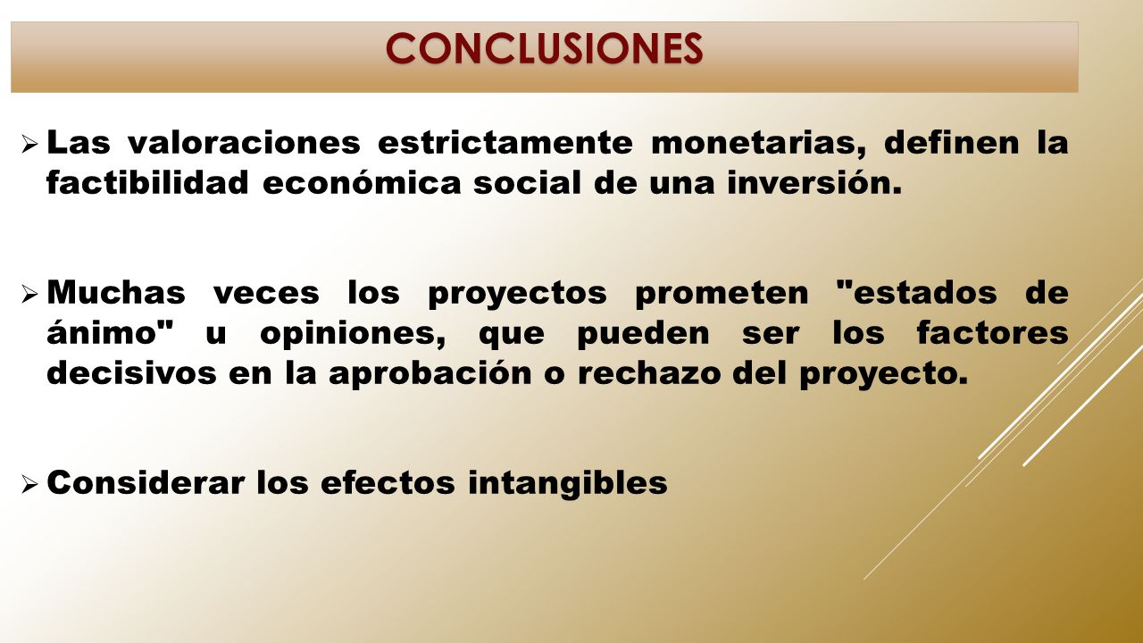 CONCLUSIONES Las valoraciones estrictamente monetarias, definen la factibilidad económica social de una inversión.
