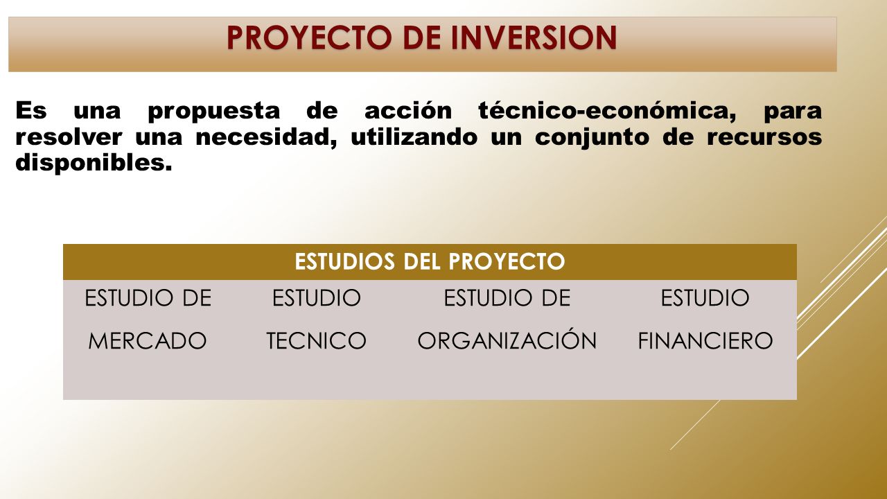 PROYECTO DE INVERSION Es una propuesta de acción técnico-económica, para resolver una necesidad, utilizando un conjunto de recursos disponibles.