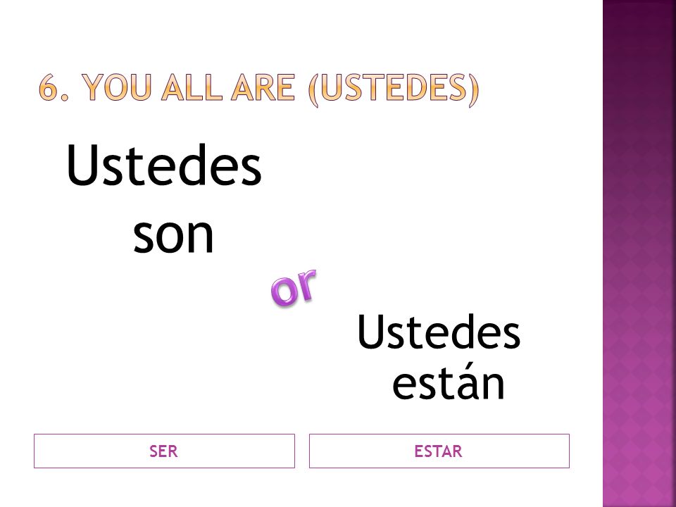 6. You all Are (ustedes) Ustedes son Ustedes están or SER ESTAR