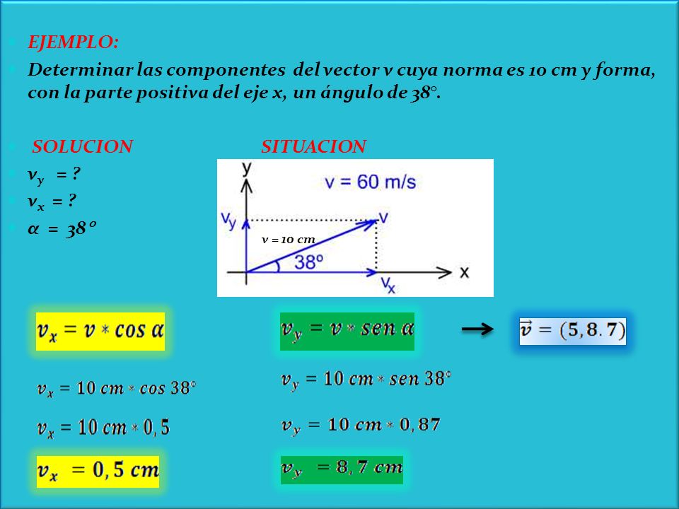EJEMPLO: Determinar las componentes del vector v cuya norma es 10 cm y forma, con la parte positiva del eje x, un ángulo de 38°.