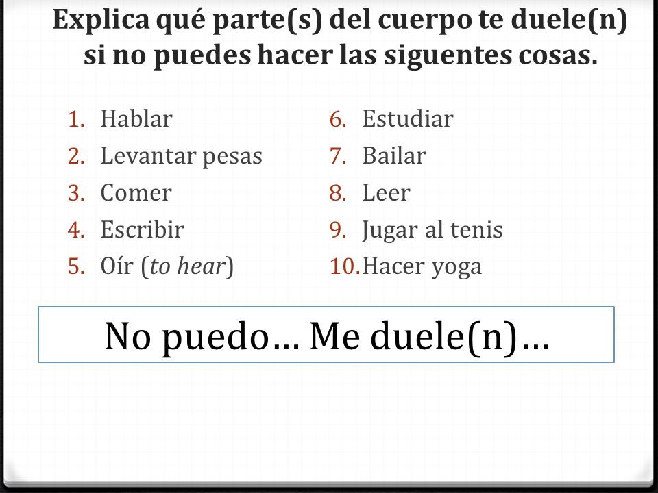 Explica qué parte(s) del cuerpo te duele(n) si no puedes hacer las siguentes cosas.