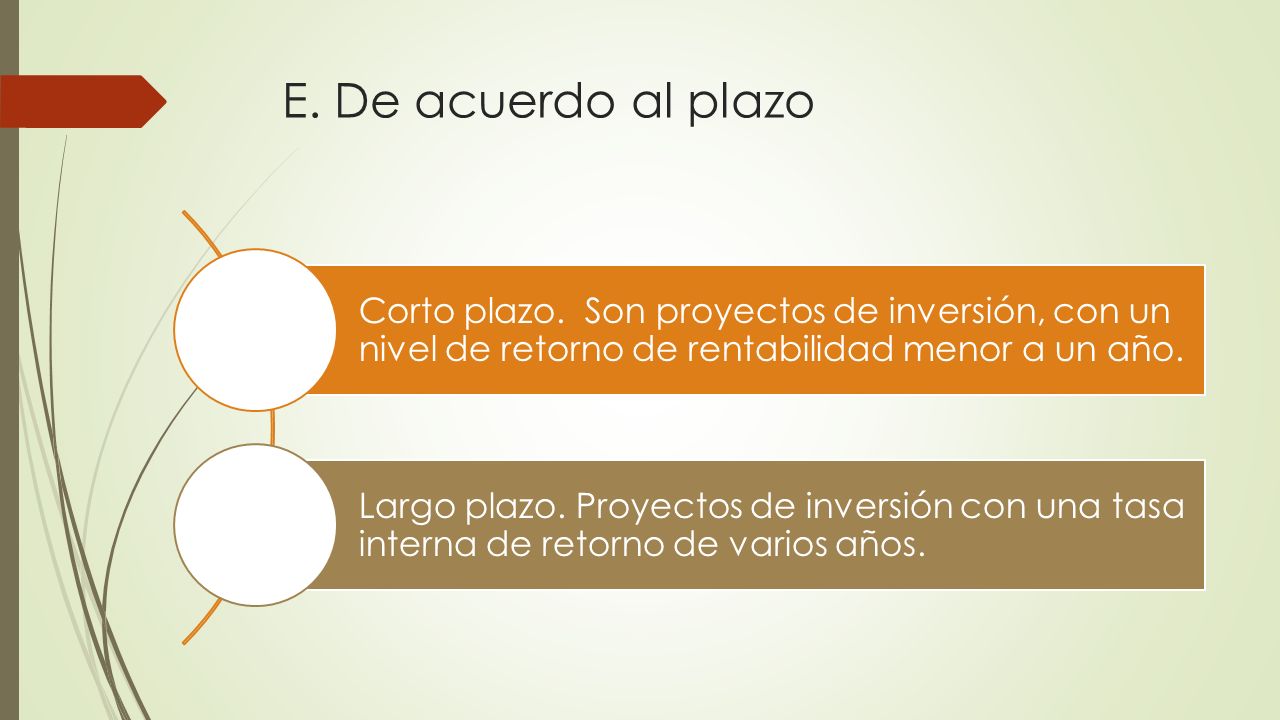 E. De acuerdo al plazo Corto plazo.­ ­ Son proyectos de inversión, con un nivel de retorno de rentabilidad menor a un año.
