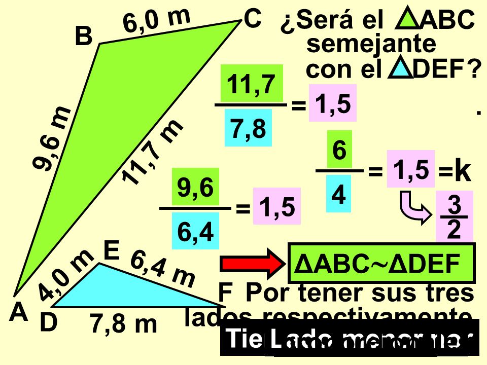 6,0 m C. ¿Será el. ABC. B. semejante. con el DEF. 11,7. = 1,5. . 7,8. 9,6 m.