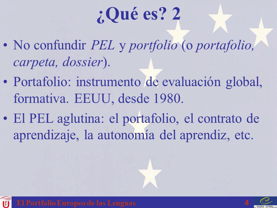 ¿Qué es 2 No confundir PEL y portfolio (o portafolio, carpeta, dossier). Portafolio: instrumento de evaluación global, formativa. EEUU, desde