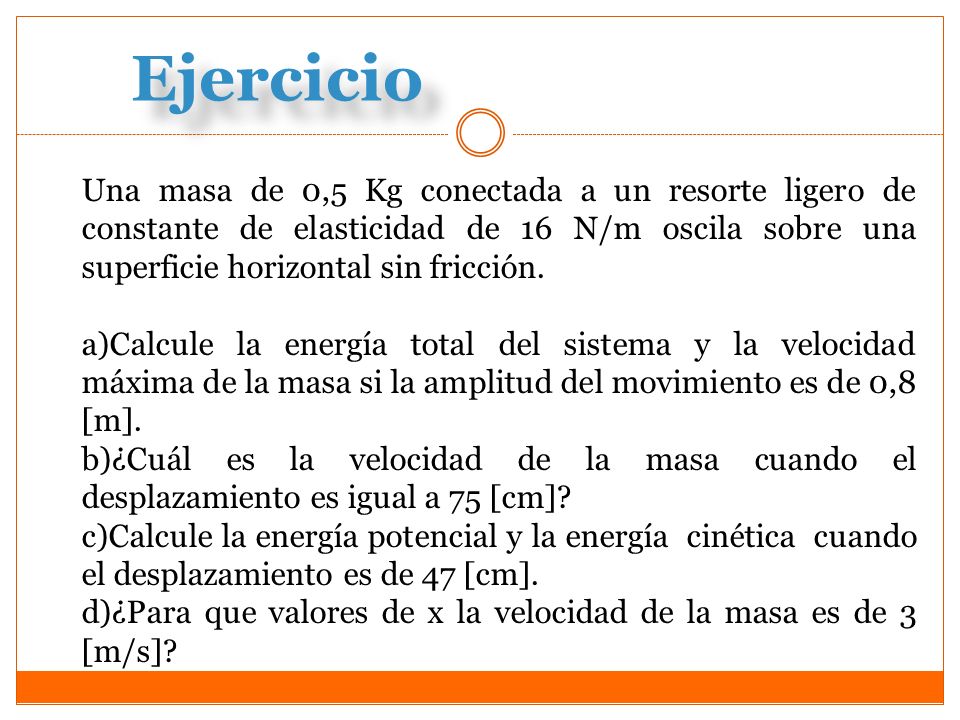 Ejercicio Una masa de 0,5 Kg conectada a un resorte ligero de constante de elasticidad de 16 N/m oscila sobre una superficie horizontal sin fricción.