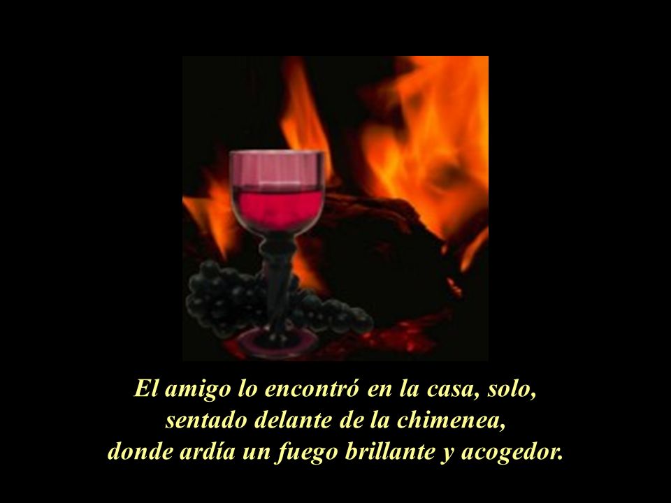 El amigo lo encontró en la casa, solo, sentado delante de la chimenea, donde ardía un fuego brillante y acogedor.